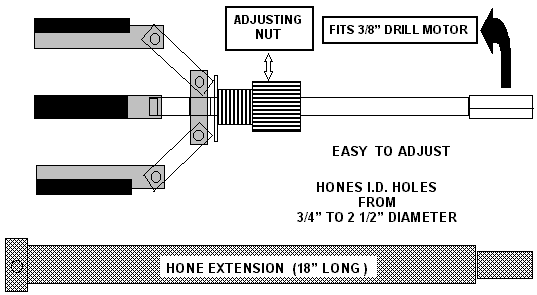 ISMS special hone with extension for Davenports - Fits 3/8" drill motor - Easy to adjust - Hones I.D. Holes from 3/4" to 2-1/2" Diameter.  Hone Extension:  18" Long.
